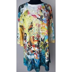 Inoah Size Large Abstract Art Dress Birds Contemporary Modernist Pop Art Granny